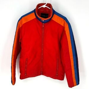 Head vintage 1970’s color block Red and Orange Ski Jacket with Blue Accents